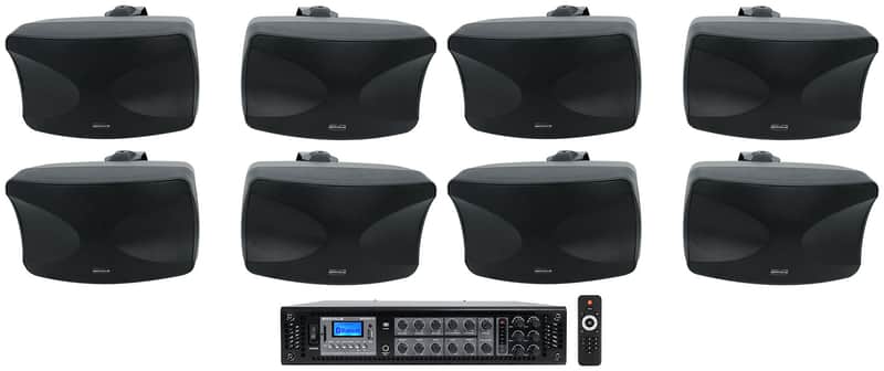 (8) Rockville WET-44 PRO Dual 4" 4-Way Swivel 70V Commercial Speakers in Black+Amp image 1