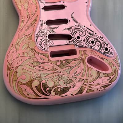 Pink Fender Strat Guitar Body Custom Laser Engraved Lavender Mirror Pickguard with Tremolo Cover HSH, HSS, SSS Setup Available image 2