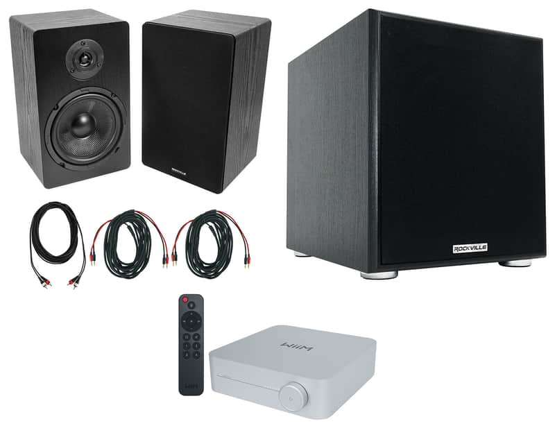 (2) Rockville RockShelf 68B Black 6.5" Bookshelf Speakers+Bluetooth/Wifi Amp+Sub image 1