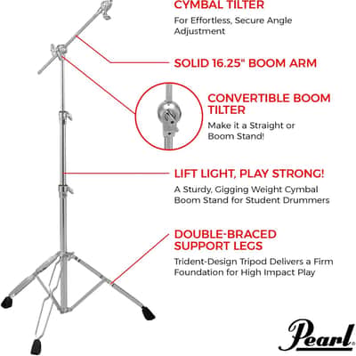 Pearl BC830 Double-Braced Cymbal Boom Stand, Medium Weight Boom Stand with Gearless UniLock Cymbal Tilter, Three-Tier Height Adjustment, and Sturdy Double-Braced legs. image 2
