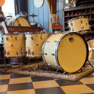 VINTAGE 1950's WFL Drum Set in White Marine Pearl - 14x24, 9x13, 16x16, 16x16, 6.5x14 image 2
