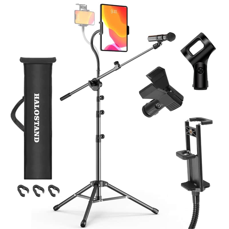 Microphone Stand With Ipad Clip, Floor Foldable Mic Stand With Phone Clip,Heavy Duty Tripod Boom Arm With 2 Mic Clips And Carrying Bag For Singing Karaoke Stage image 1