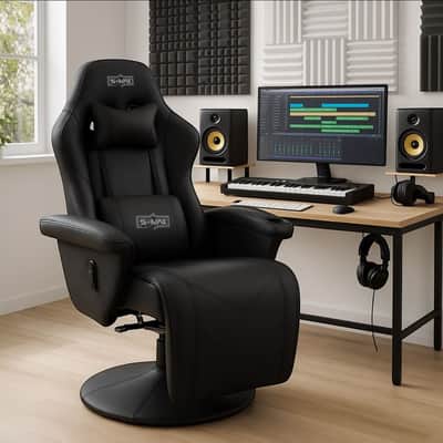 Music Studio Recliner Chair with Lumbar Support, Headrest & Cup Holder – 360° Swivel Producer Seat with Footrest, Adjustable Backrest, PU Leather Finish image 1