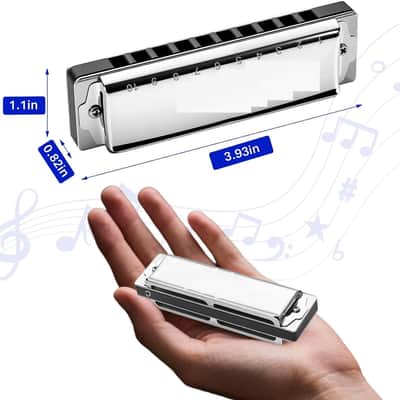 Professional Harmonica Set 4 Pack, 10 Hole 20 Tone Blues Harp in Keys C G D A, Silver Diatonic Mouth Organ Bundle with Stainless Steel Cover for Practice, Studio, Band Jam & Stage Performance image 2