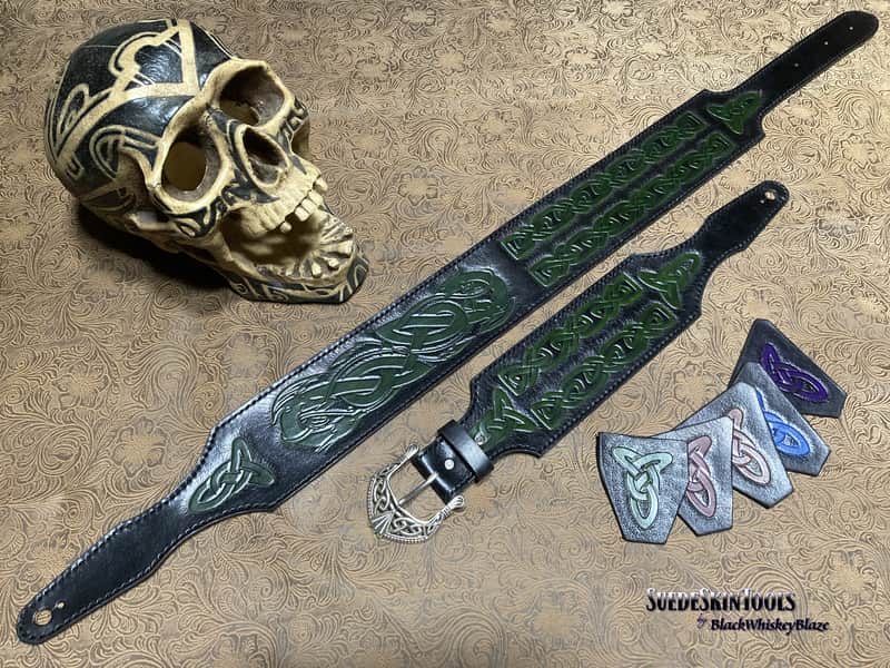 Custom Tooled Leather Celtic Knot Dragon Norse Viking Guitar Strap Colors SuedeSkinTools image 1