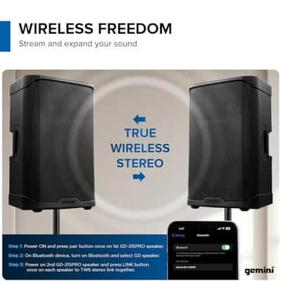 Gemini Sound GD-215PRO & GD-L215PRO 1300-Watt Professional PA Speakers with Bluetooth, LED Party Lighting, 3-Channel Mixer, and TWS Linking – Ultimate DJ and Event Sound Solution (GD-215PRO) image 6