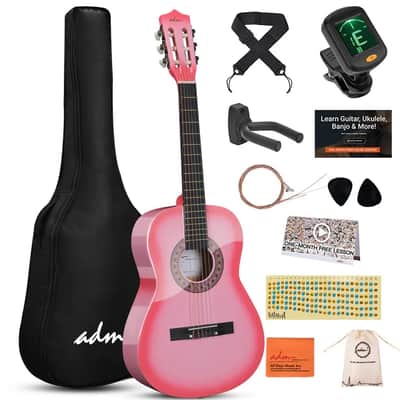 ADM Beginner Acoustic Classical Guitar 34 Inch Nylon Strings Wooden Guitar Bundle Kit for Kid Boy Girl Student Youth Guitarra Online Lessons with Gig Bag, Strap, Tuner, Strings, Picks, Pink image 1
