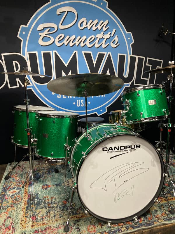 Frankie Banali's Quiet Riot, Canopus 4-Piece Set, 26", 18", 16", 14" , 6.5x14 Brass Snare. 2010 - Green Sparkle, Bonham Sizes! With Hardware and Frankie's Stick Bag! image 1