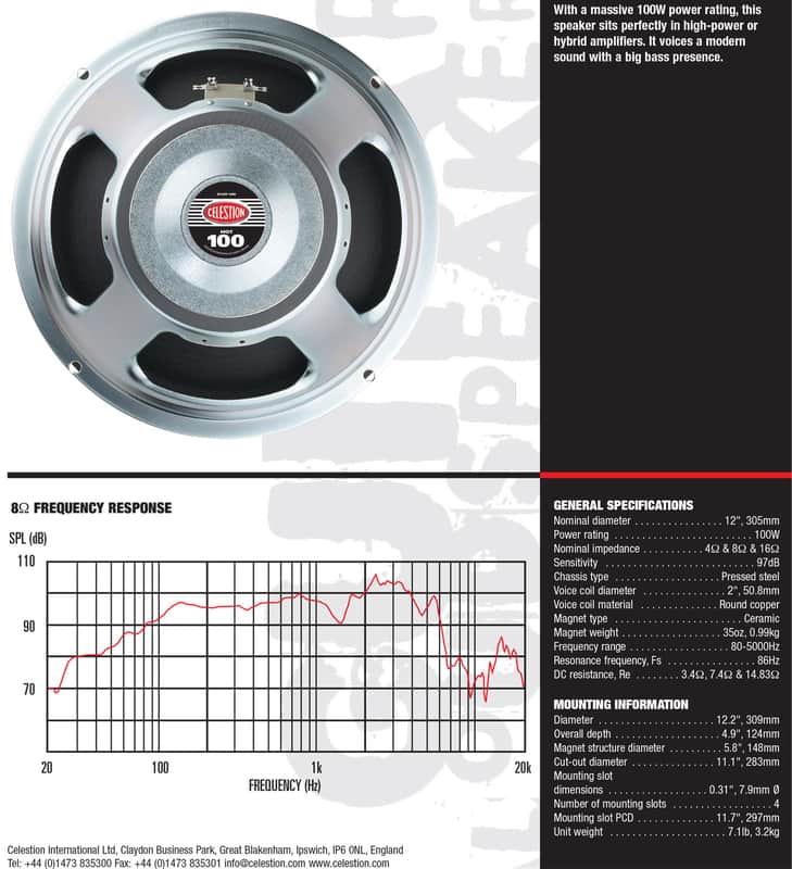 Celestion G12T-100 'Hot 100' 12" 4ohm 100W Ceramic Magnet Guitar Speaker 97dB 86Hz image 1