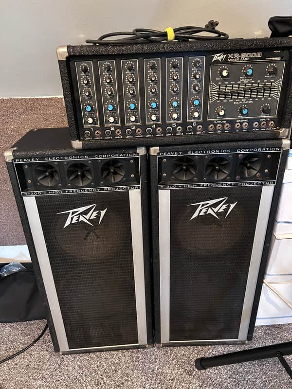 Peavey XR600B Powered Mixer and Peavey T-300 Speaker Pair (Model 1210TS) 8 Ohms (1980s) image 1