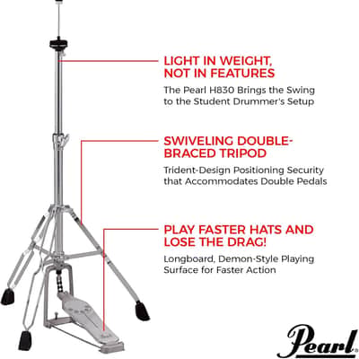 Pearl H830 Hi-Hat Stand, Demonator Style Long Footboard and Swivel Legs image 3