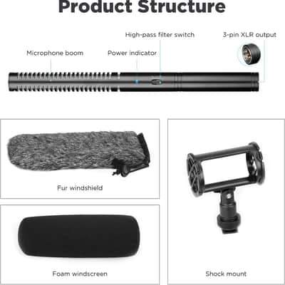 Super-Cardioid Shotgun Condenser Microphone with 24 48V Phantom Power for Camera Film image 2