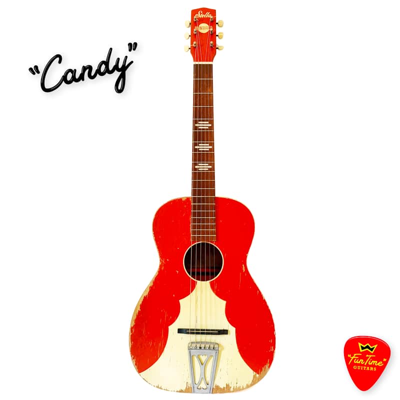 1950s Harmony Stella Sundale H907 Parlor Guitar Jubilee Red & White Acoustic w/ Hardshell Case – “Candy” image 1