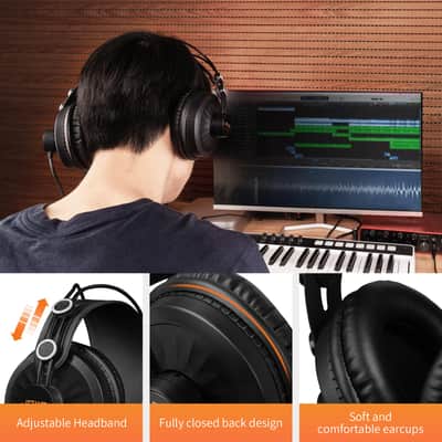 JOYO Studio Monitor Headphones, 50mm Drivers Over-Ear with Passive Noise Isolation, Flat Response for Recording/Mixing/Guitar Amp/Podcast, 3.5mm & 6.35mm Adapter (JMH-02) image 5