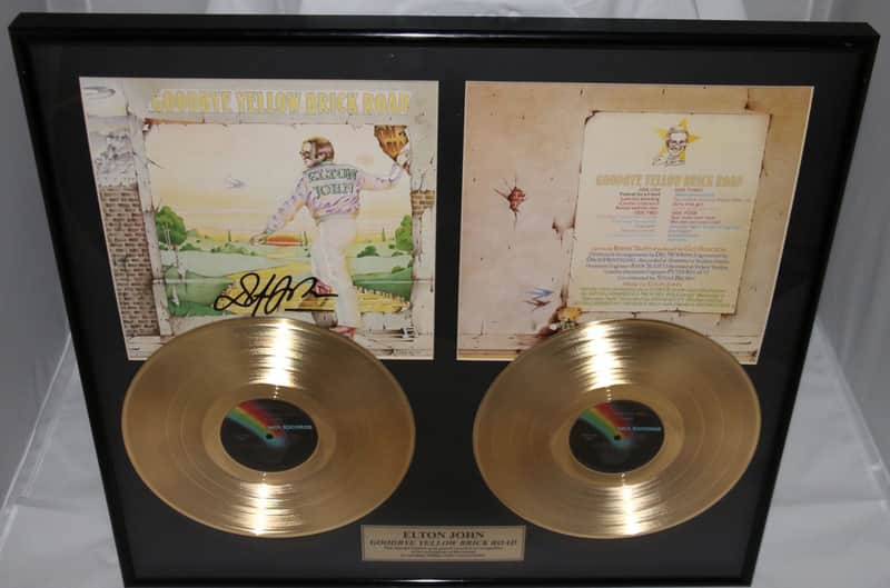 Elton John Signed “Goodbye Yellow Brick Road” Album Cover And Gold Plated Disc Montage 1973 image 1