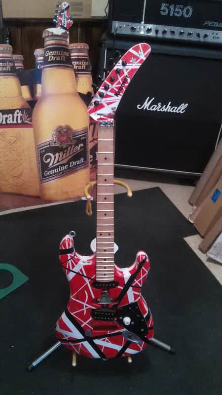 Kramer Ad Guitar Project Frankenstein eVh Striping Birds Eye Maple Neck Skunk Stripe Maple Relic image 1