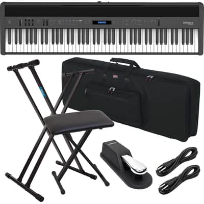 Roland FP-60X Portable Digital Piano (Black) - Keyboard Stand, Bench, Sustain Pedal, Gator GKB61, (2) 1/4 Cables Bundle