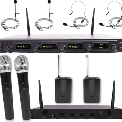4 Channel Wireless Microphone System - Portable UHF Audio Mic Set with 2 Handheld, 2 Headset, 2 Lavalier Mics, 2 Transmitter, 8 'AA' Battery, Power Adapter - For Karaoke, PA, DJ image 1