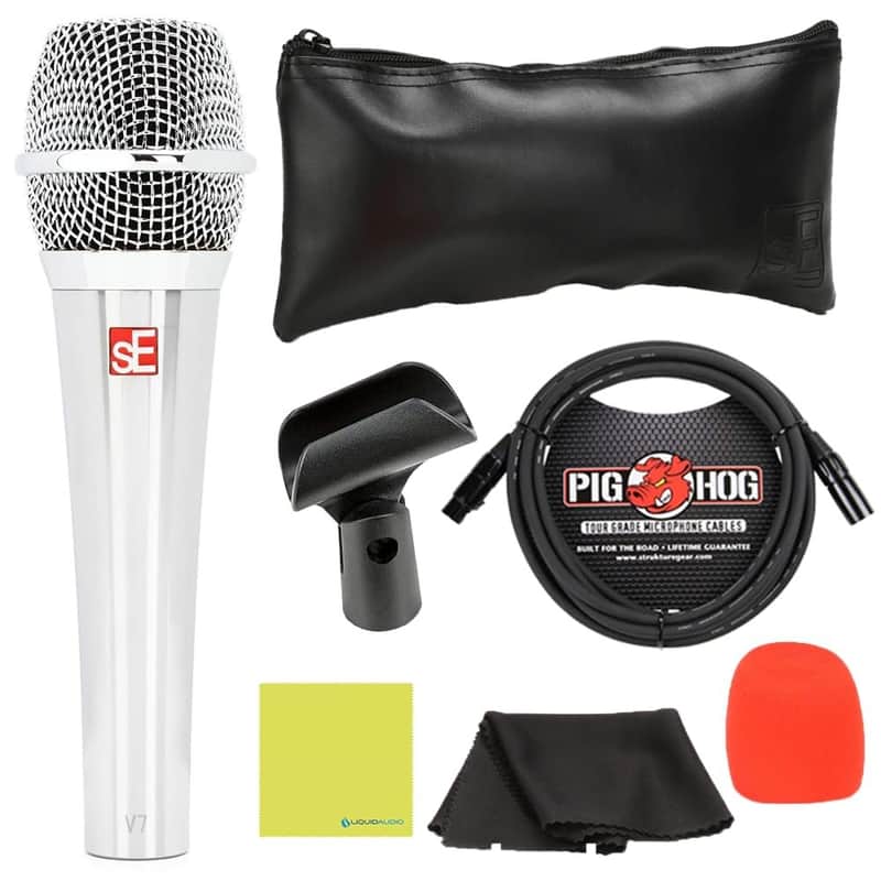 Liquid Audio sE Electronics V7 Supercardioid Dynamic Vocal Microphone in Chrome Finish Bundle w/Pig Hog PHM10 8mm Mic Cable Polishing Cloth image 1