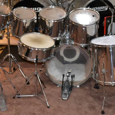 Pearl Export 7 Piece Drum Set 90's Chrome w Premier Snare Drum 90s W/ Cases image 2