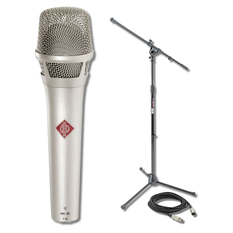 Neumann KMS 105 Supercardioid Condenser Handheld Vocal Microphone - Nickel with On-Stage Stands MS7701B Microphone Stand and XLR Cable image 1