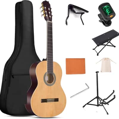 Full Size Classical Nylon Strings Acoustic Guitar 29 x 75x 50mm Classic Guitarra Starter Bundle for Adult with Free Lessons, Gig Bag, Tuner, Footstool, Kids Student Beginner Kits, Nature image 1