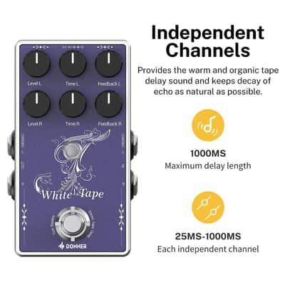 Donner White Tape Stereo Delay Pedal, Analog Delay with Echo Effect, True Bypass, 2 Independent Channels for Electric Guitar, Bass, Synth, Drum Machine image 2