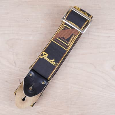 Fender Guitar Strap 1970s Black / Yellow with Brown Leather Back Vintage image 1