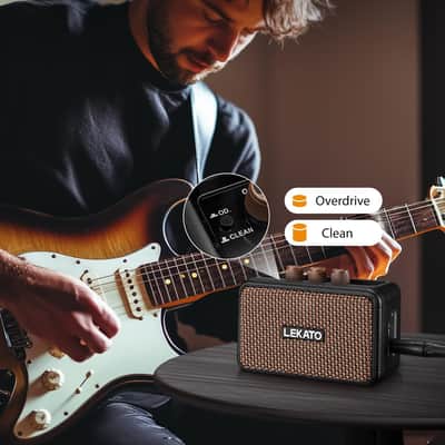 LEKATO Mini Guitar Amplifier, Dual Speakers 5W, Rechargeable Electric Guitar Amp Bluetooth with Clean Overdrive, 6H Working, Headphone Jack, Portable Small Amp for Practice AG-04 (Brown) image 2