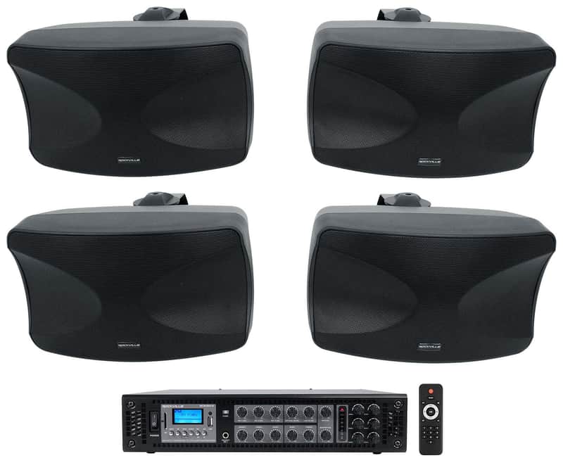 (4) Rockville WET-44 PRO Dual 4" 4-Way Swivel 70V Commercial Speakers in Black+Amp image 1