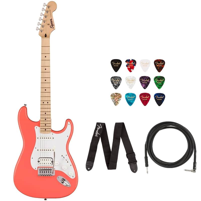 Squire Sonic Stratocaster Electric Guitar, Tahitian Coral, Maple Fingerboard, White Pickguard Bundle With Logo Guitar Strap Black, 12-Pack Celluloid Picks, And Gator Guitar Stand image 1