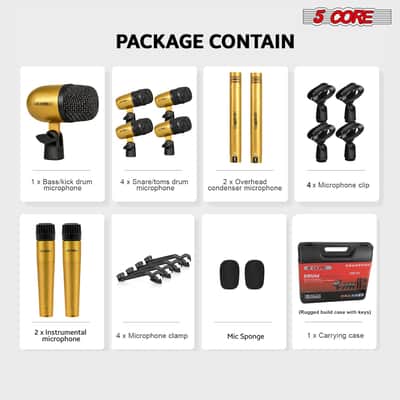 5 Core 9 Piece Drum Microphone Set w Kick Bass, Tom/Snare and Condenser Hi Hat & Cymbals Mics image 13