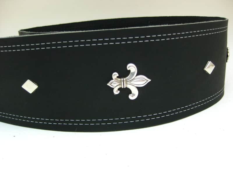 Tricked Out Leather- Black Leather -Guitar Strap- Fleur de Lis Conchos Silver Diamonds image 1