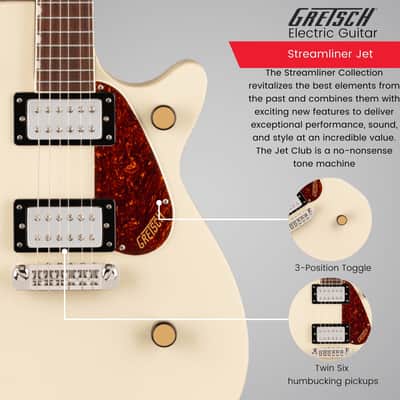 Gretsch Streamliner Jet Club Single-Cut 6-String Right-Handed Electric Guitar with Wraparound Tailpiece, Nato Body and Laurel Fingerboard (Vintage White) image 4