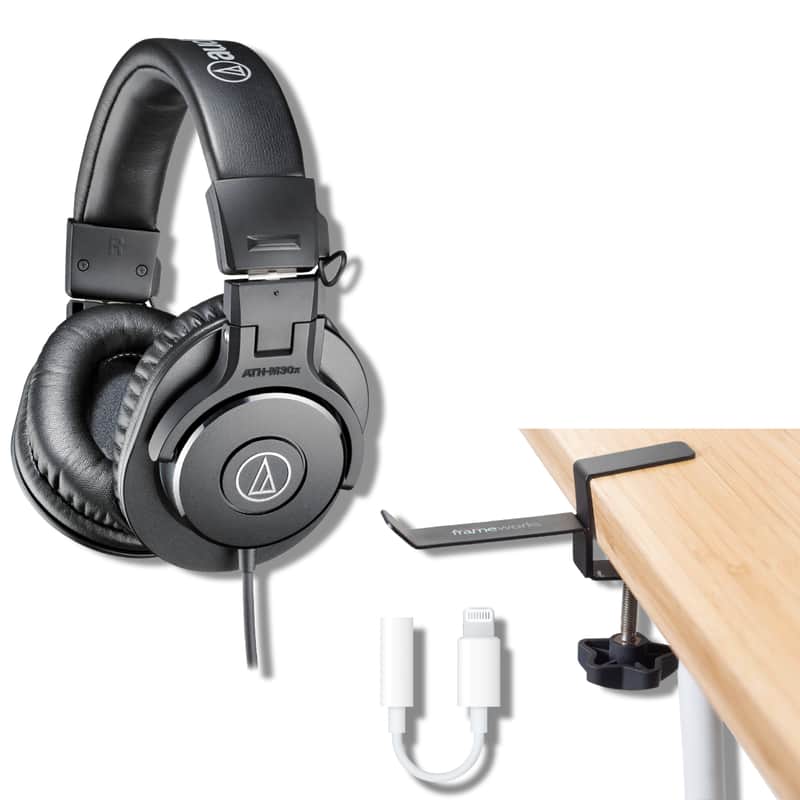 Audio-Technica ATH-M30x Closed-Back Monitor Headphones with Gator Frameworks Headphone Hanger For Desks Calrad 42-222 Lightning to 3.5mm Headphone Adapter and StreamEye Polishing Cloth image 1