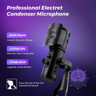 USB Gaming Microphone for PC with Noise Canceling/RGB Light/Quick Mute/Gain/Headphones Jack/Pop Filter, Desktop Condenser Microphone for Stream/Record/Podcast image 2