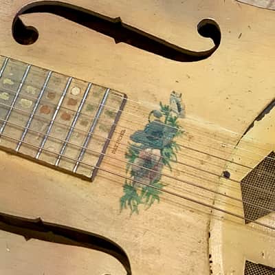 National Triolian "Anemone Bouquet" 1928 Yellow, very early wood body Tricone resonator guitar. image 10