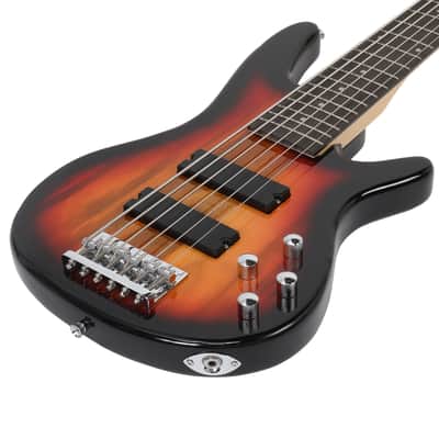 Glarry Full Size GIB 6 String H-H Pickup Electric Bass Guitar Bag Strap Pick Connector Wrench Tool 2020s - Sunset Color image 5