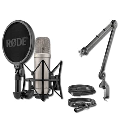 Rode NT1 5th Generation Condenser Microphone (Silver) with Rode PSA1 Desk-Mounted Broadcast Microphone Boom Arm image 1