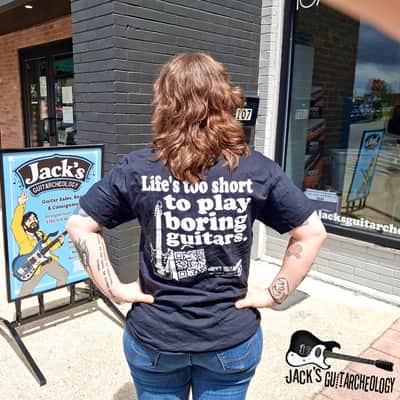 "Life's Too Short to Play Boring Guitars" T-shirt (Black - 2X-Large)
