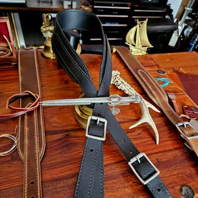 Hand Made, Hand Stitched Guitar strap "Rockatansky" in Black & Black - Vegetable Tanned Leather image 3