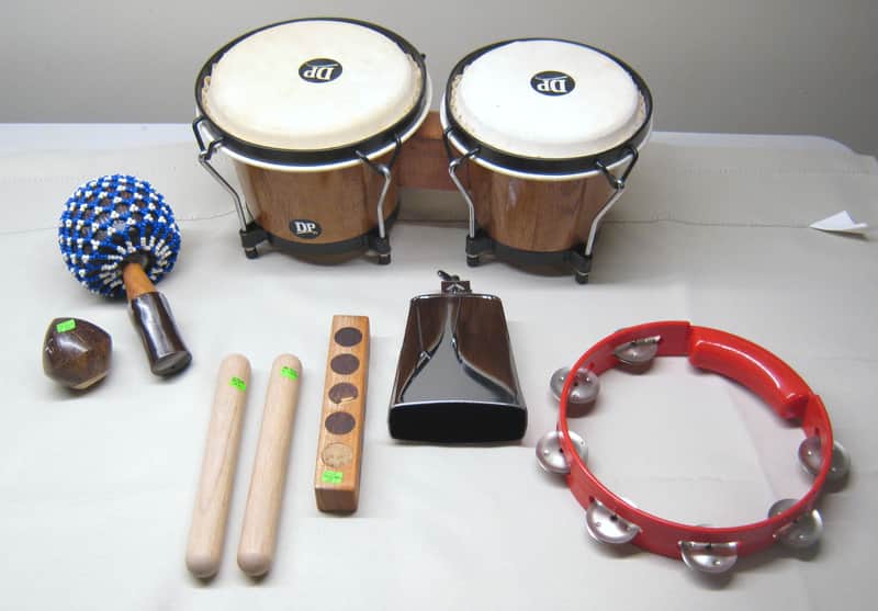 Percussion Lot DP Bongo Bongos Bongoes Shakers Tambourine Clave Cowbell image 1