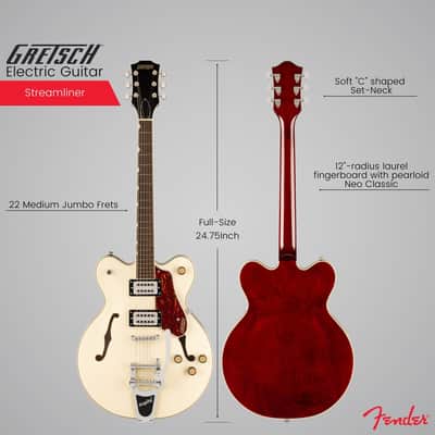 Gretsch G2622T Streamliner Center Block Double-Cut Electric Guitar with Bigsby, Laurel Fingerboard (Vintage White) Bundle with Gretsch G2622T Tweed Hard Case image 3