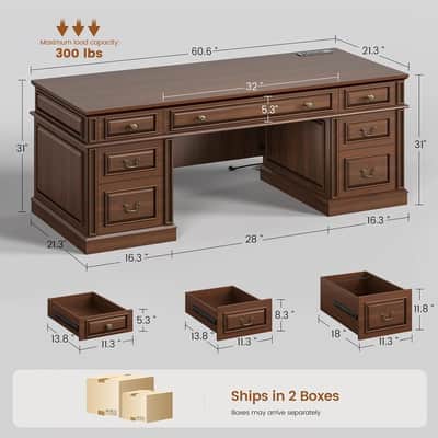 60.6" Old-School Walnut Music Executive Desk 7-Drawer Producer Studio Workstation w/ Charging Hub image 3