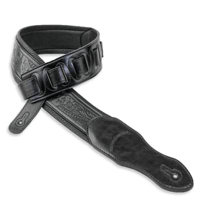Walker and Williams G-118 Black on Black Padded Guitar Strap with Embossed Tooling image 1