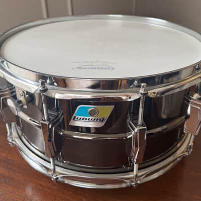 Vintage 70’s 6.5” Black Beauty Ludwig No. 417 6.5x14" 10-Lug Brass Snare Drum Pointed Blue/Olive Badge 1977 - 1979  Black Nickel-Plated Original Heads dB-300 dB-1250 image 3