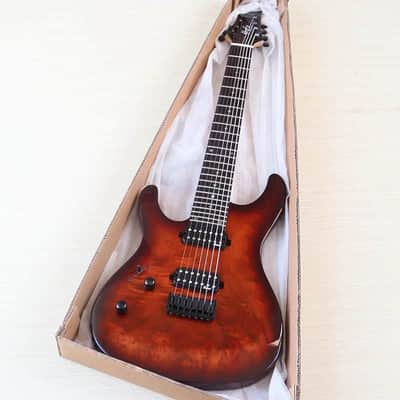 Custom Left Handed 7 String Electric Guitar, Burl Wood Top Body, Maple Neck image 1