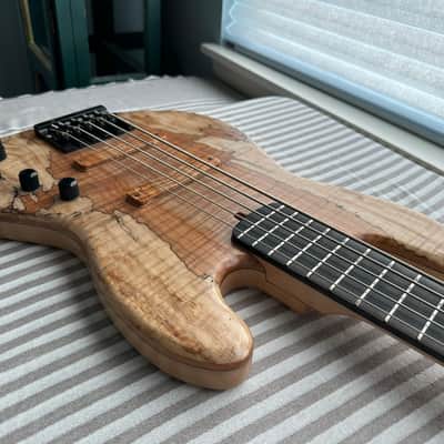 MG Bass MGBASS JB1 SPALTED MAPLE 5-string bass, Made in USA, SPALTED MAPLE top, ASH body, 3-piece MAPLE neck, EBONY fretboard, BARTOLINI pickups and preamp, Italia Leather Straps 4” wide Acorn Amber strap, GATOR hardshell case image 5