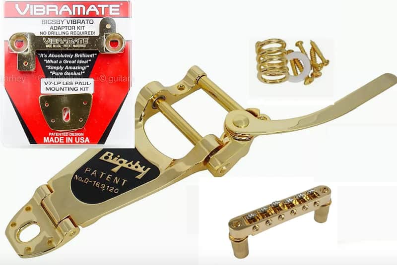 All Gold - Bigsby B7 Tremolo & Vibramate V7 EZ Mount, Allparts roller bridge, For Gibson Les Paul. image 1