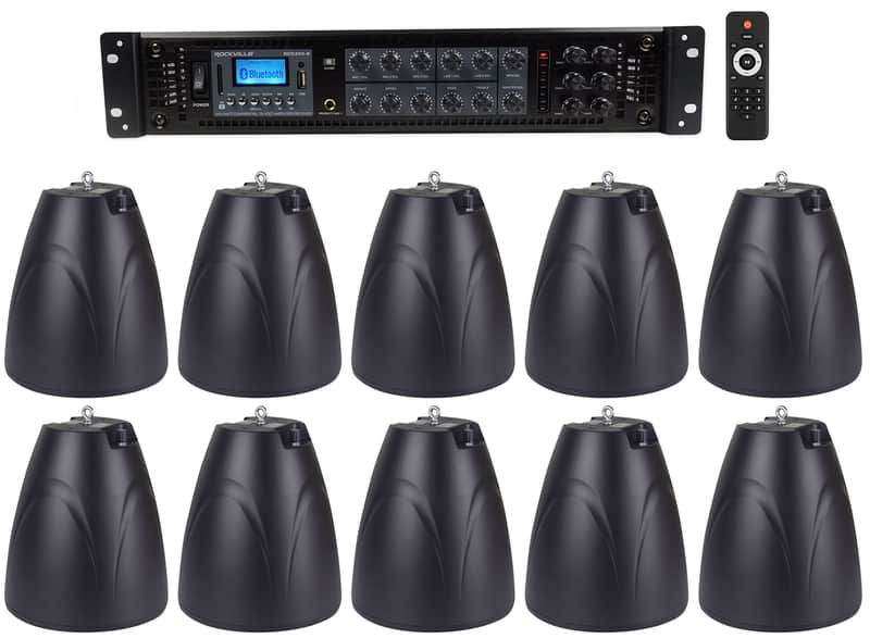 Rockville 6-Zone Amp Receiver+10) Black Pendant Speakers For Restaurant/Bar/Cafe image 1
